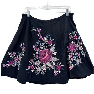 Papillon Circle Skirt Large Black Magenta Floral Embroidery Skater Whimsigoth